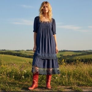 Free People Bohemian Cottage Americana Star Lace Calder Midi Dress Size XL